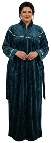 Stretchable Velvet Winter Maxi Nighty for Women – Ultra-Soft Warm Full Sleeve Long Nightwear Gown | High Neck Zip Style Nightdress | Winter Wear | Plus Size Nighty (6XL) Teal Blue