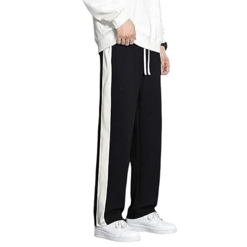 GIBBONTE Men’s Black Lycra Blend Track Pants with Single White Stripe | Stretchable Gym & Running Joggers with Drawstring Waist | Comfortable Bottoms (Black, XL)