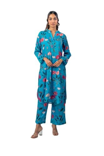 India Circus by Krsnaa Mehata Sapphire Garden Co-Ord Set Size 38 for Women Stylish Kurta Set Ethnic Printed Co-Ord Set