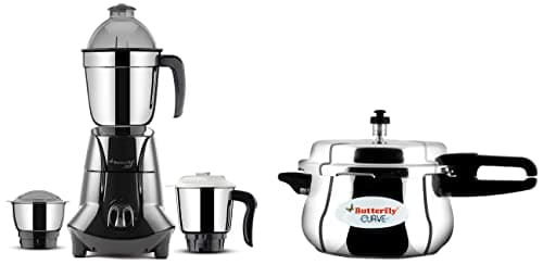 Butterfly Jet Elite 750-Watt Mixer Grinder with 3 Jars (Grey) & Butterfly Curve Stainless Steel Outer Lid Pressure Cooker, 5.5 Litre