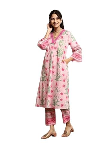 Amazon Brand - Anarva Women’s Pure Cotton Kurta with Palazzo Set | Floral Print Ethnic Wear | Comfortable Two Piece Outfit for Office Casual and Daily Use (Carmi-Pink-m-re)