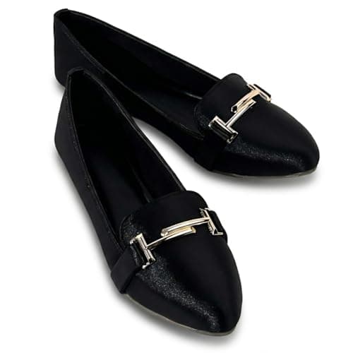 HINAARA Women's Black Satin Pointed Toe Bellies | Formal Ballet Flat Shoes for Women | Soft Slip-On Belly for Women | Office
