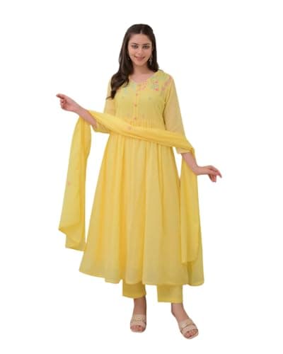 JEENAX_INDIA CREATION'S Women's Cotton Embroidered Anarkali Kurti with Pant and Dupatta Set (Yellow-L)