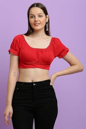 CLOTHINK INDIA Textiles || Women's Ruffle Short Sleeve Off Shoulder Tie Up Back Crop Blouse Top (Medium) 4