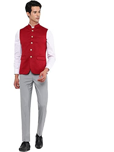 JB Men's Red Terry Wool Solid Regular Fit Waist Coat (Bandhgala Jacket) - ZI4Q_36 4