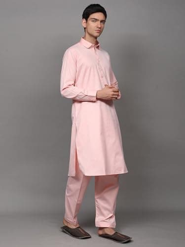 Exotic India Men's Solid Color Pathani Poly Cotton Kurta Pajama Set | Ethnic Wear Kurta Pant Combo Set for Festive Wedding Party Seashell Pink 2