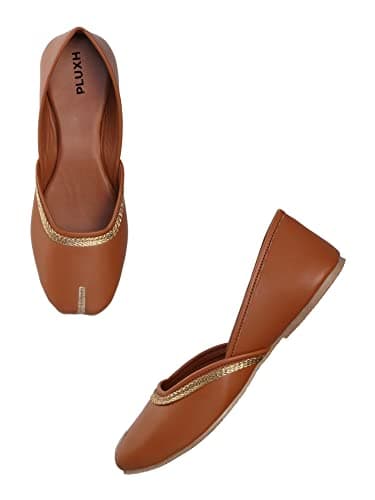 Pluxh Women’s Minimal Ethnic Jutti Flats | Soft Slip-On Mojari with Braided Trim | Lightweight Traditional Footwear for Daily & Casual Wear| 8 UK Tan 2