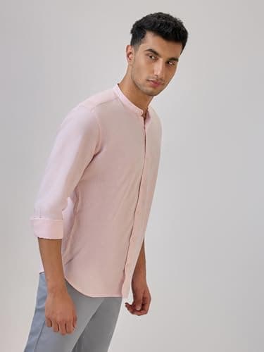 Raymond Men Regular Fit Chambray Pattern Cotton Linen Blend Mandarin Collar Full Sleeve Casual Shirt (Size: 42)-RCSM01923-R4 3