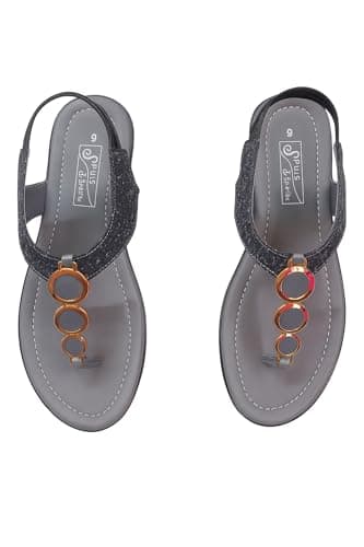 S PLUS S Fashion Women’s Grey Ethnic Flat Sandals | Stylish Toe-Ring Slip-On Flats with Golden Ring Ornament | Comfortable Casual, Party & Festive Footwear (Grey, UK Footwear Size System, Adult, Women
