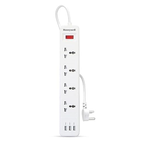 Honeywell 4 Outlet Extension Board with Master Switch, 6 Amps, 250V, 3xUSB, 4 International Sockets, Pure Copper, 6 Advanced Safety Features, 2 Mtr Power Cord, BIS Certified, 1 yr Warranty
