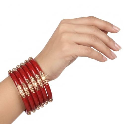 NMII Glass with Zircon Gemstone Or Beads Studded worked Glossy Finished Kada Set For Women and Girls, (Red_2.6 Inches), Pack Of 8 Kada Set 5