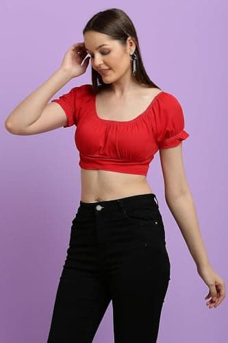CLOTHINK INDIA Textiles || Women's Ruffle Short Sleeve Off Shoulder Tie Up Back Crop Blouse Top (Medium) 5