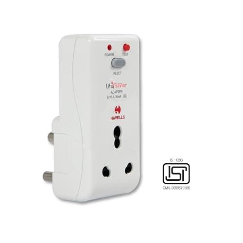 Havells 16 Amp 30mA PRCD Adaptor (White) - Plastic Body, Auto-Trip Safety for Appliances - Smart and Enhanced Protection Against Electrical Shock,Requires 16A MCB/Fuse Backup,Per IEC 61540 Guidelines 2