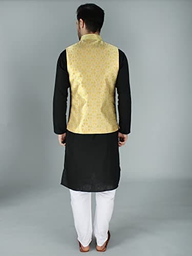 Exotic India Assymetric Jacquard silk modi Jacket waist coat with gold Enamel buttons 5