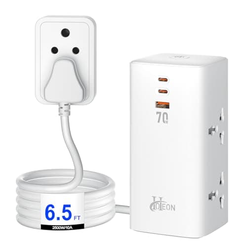 Hoteon Tower Extension Board, 2500W/10A Extension Cord with GaN Technology, 70W USB C Power Strip with 4 Universal Sockets, 2*70W PD&1*30W QC Fast Charging, 2M Surge Protection Board for Home, Office