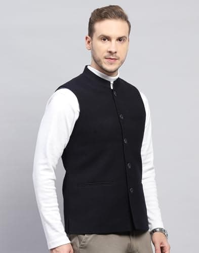 Monte Carlo Mens Solid Navy Blue Band Neck Sleeveless Coat (223061875-13-42) 3