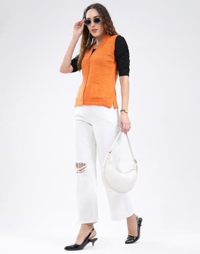 Monte Carlo Women's Regular Fit Cardigan | Solid Pattern | Button Closure with Sleeveless V Neck | Light & Layered Style Cardigan for Women Orange L (Pack of 1) 5