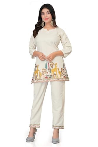 Birdhaus s Women's Khadi Cotton Embroidered Co-Ord Set | Ethnic Tunic Kurta with Pant| Floral Bird & Elephant Embroidery | V-Neck | 3/4 Sleeve | Casual Office Wear (Pack of 1) (3161-2XL)