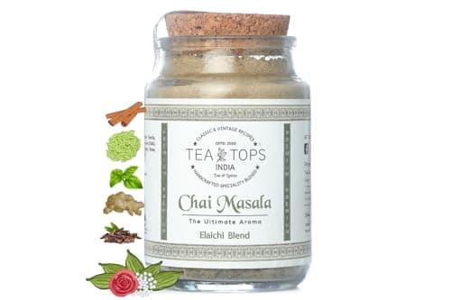Tea Tops India Elaichi Chai Masala | Premium Blend of Cardamom, Ginger with other exotic spices topped with luxurious Silver coated Elaichi Pearls & dried aromatic Rose Petals for a rich taste experie