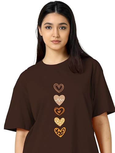 TQH Round Neck Drop Shoulder Brown Graphic Printed Cotton Blend Oversized T-Shirt for Women 4