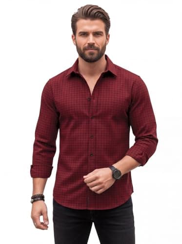 Amazon Brand - INKAST Men's Regular Fit Button Down Dress Shirts Textured Long Sleeve Casual Hawaiian Shirt