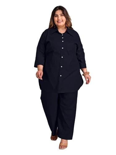 TITTLI Women Plus Size Cotton Co-Ord Set | Collared Shirt & Trouser Set | 3/4 Sleeve Tunic Shirt | Elastic Waistband with 2 Pockets Pants | Casual Wear Outfit | 3XL to 6XL Navy Blue