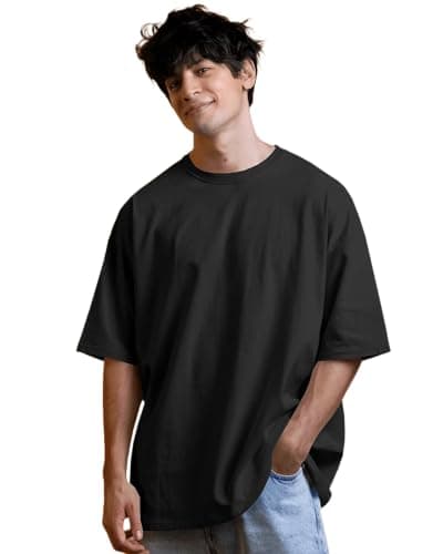 BEWARE COTTON Men's sSolid 100% Cotton T-Shirt - Oversized, Round Neck, Half Sleeves (in, Numeric, 38, Regular, Black)