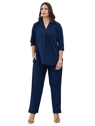 TITTLI Women’s Solid Rayon Co-Ord Set | Collared V-Neck Tunic with Three-Quarter Sleeves & Elastic Waist Trousers | Comfortable Casual Outfit (Navy Blue, XXL)
