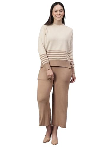 Cantabil Stripe Beige Spread Collar Long Sleeves Regular Fit Women Casual Co-ord Set Ladies Co-ord Set for Winter Wear (LCOR000014_Ivory_L)