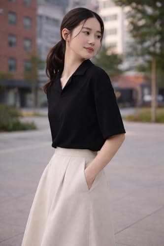 Zilcon Women’s Elegant Polo Neck Short Sleeve White T-Shirt | Minimal Casual Wear(Black_XL) 3