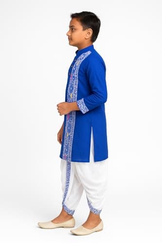 Boys' Traditional Jamdani Border Cotton Kurta with Silk Dhoti Set, Ages 2-14 Years, (Blue, 7-8 Year) 3