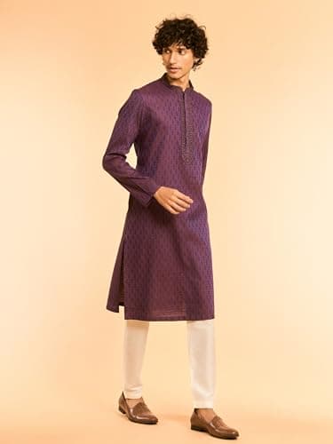 DIWAS BY MANYAVAR Men's Viscose Blend Neck Embroidered Self Design Kurta (Purple,L) 2