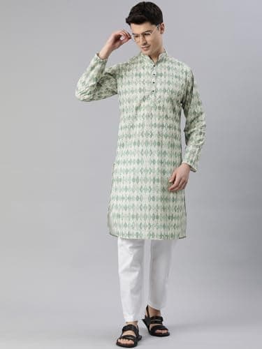 Majestic Man Men Cotton Blend Ethnic Motifs Embroidered Chikankari Regular Kurta (Green, Small) 5
