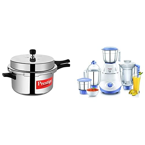 Prestige Popular Aluminium Pressure Cooker, 7.5 Litres, Silver and Iris 750 Watt Mixer Grinder with 3 Stainless Steel and 1 Juicer Jars (White and Blue)