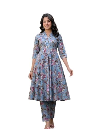 JUSTHER Women's Anarkali Kurta Pant Set for Women | Printed Summer Kurti Set | Stylish Co-Ord Suit | Ethnic Look Kurta Set for Women | Casual & Festive Ethnic Wear (Sky Blue, S)