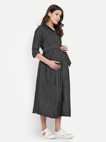 MAMMA'S MATERNITY Women's Cotton Denim Maternity Feeding Dress with Nursing Zippers Comfortable Breastfeeding Dress for Pregnancy Pre and Post Pregnancy Wear (Black, M) 2