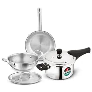 Bergner TriPro 4 Pcs Tri-Ply Stainless Steel Cookware Combo - 24cm/3L Kadai with Stainless Steel Lid, 22cm/1L Frypan, 3L Outer Lid Pressure Cooker, Consumes Less Oil, Healthy Cooking - Induction Base