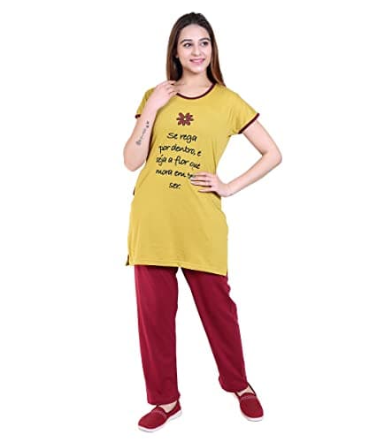 DG Divine Girl Printed Summer Night Suit Set | Pyjama Set Sleepwear Nightwear Nightdress Loungewear for Women's (Mustured, 8XL) 3