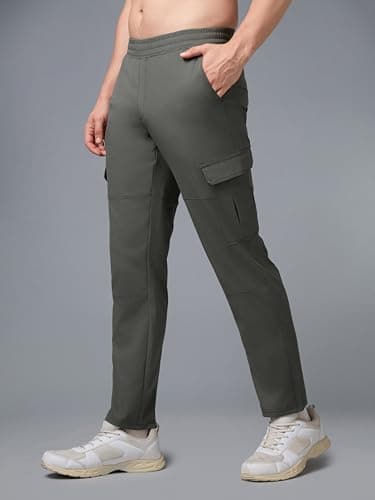 TECHNOSPORT Men's Solid Straight Fit Cargo Pants TS Flexi 4 Pocket Polyester Quick Dry Elasticated Drawstring for Gym Travel Running Workout Olive 3