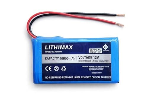 Lithimax 12V 10Ah (10000mAh) Lithium-Ion Battery Pack | 3S 20A BMS | High Density Li-ion Cells | Bare Wire Output | Rechargeable | Made in India | for Robotics, Solar, CCTV & DIY Projects