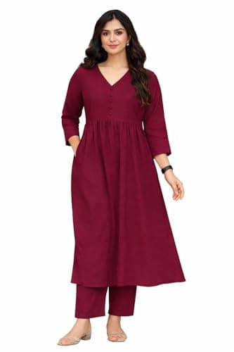 ISTOCAN Women's Long Flared V-Neck with Button Details Anarkali shape, Empire Waist,Kurta Pant Set | Casual Outfit For Office Wear | three-quarter sleeves (WINE, 3XL)