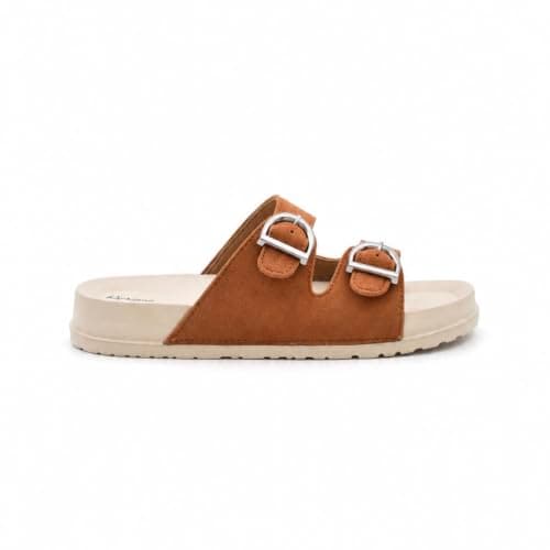 ReRoot Women's Double Strap Buckle Slider Sandals, Suede Upper & Lining, EVA Insole & Outsole, Adjustable Open Toe Slip-On Flat Slides Slippers for Ladies, Daily Wear Casual Comfort Footwear, Home Use