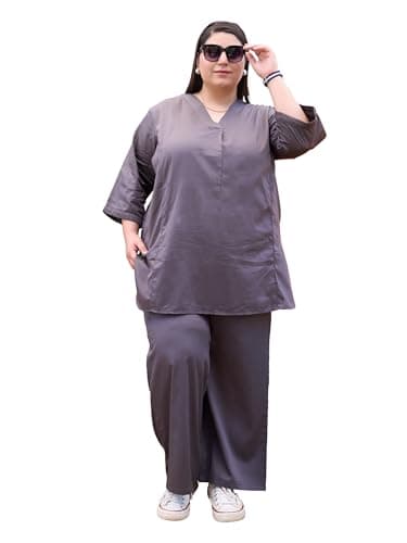 TITTLI Plus Size Cotton Silk Co-Ord Set for Women | Tunic and Trouser Set V-Neck and 3/4 Sleeve| Elasticated Waist 2 Pockets Casual Wear and Everyday wear Outfit |3XL to 8XL