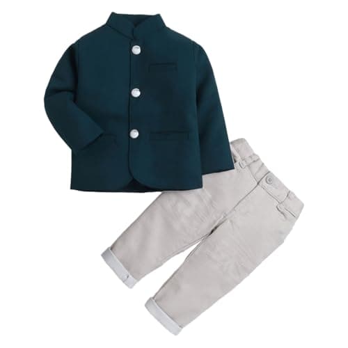 Hopscotch Boys Full Sleeves Teal Solid Coat Pant Formal Set (6-7 Years)