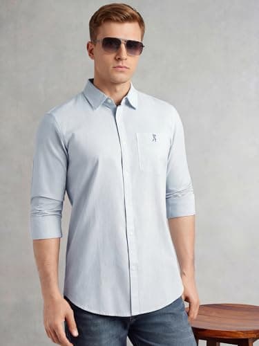 Thomas Scott Men's Cotton Linen Shirt | Slim Fit Long Sleeves | Spread Collar | Solid Casual Shirt | Cricket Club Collection (CCSH108_SkyBlue_XL) 5