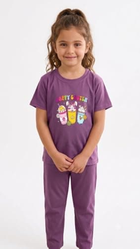 TVESA Kids Girls Cotton Blend Printed Nightsuit Set | Round Neck Short Sleeve T-Shirt and Pajama Set | Regular Fit Loungewear/Sleepwear Sleepsuit for Baby Girls (Purple, 6-7 Year)