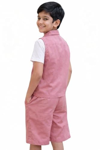 3BROS Kids Cotton Shirt Shorts Set for Boys Kids Clothing/Boys Clothing Set (Party/Festive) Wear (Pink, 5-6 Years) 2