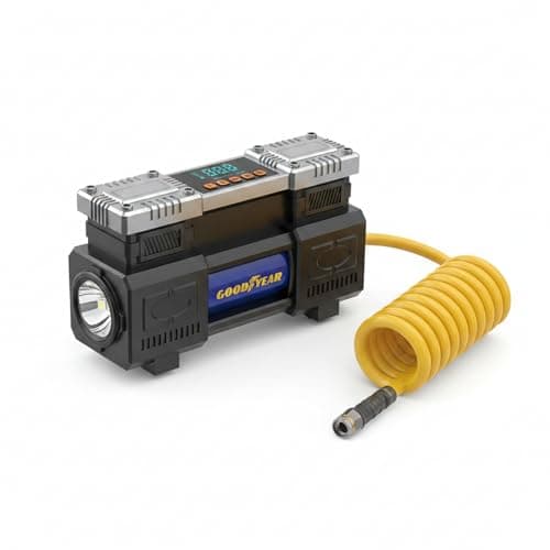 Goodyear MegaFlow50 12V Dual Cylinder Air Compressor | 150 PSI Tyre Inflator for Car, Bike & SUV | Heavy Duty Metal Body | Fast Inflation 60L/min | Digital Gauge | Portable Air Pump with Carry Case 2