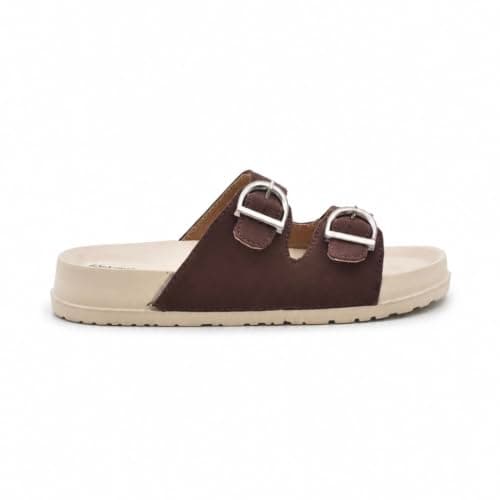 ReRoot Women's Double Strap Buckle Slider Sandals, Suede Upper & Lining, EVA Insole & Outsole, Adjustable Open Toe Slip-On Flat Slides Slippers for Ladies, Daily Wear Casual Comfort Footwear, Home Use