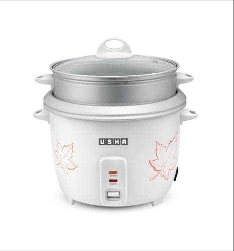 USHA RC18GS2 Steamer 700 Watt Automatic Rice Cooker 1.8 Litres with Powerful Heating Element, Keep Rice Warm for 5 Hrs, 2 Cooking Pans, Steamer, Trivet Plate & more accessories, 5 Yrs Warranty (White)